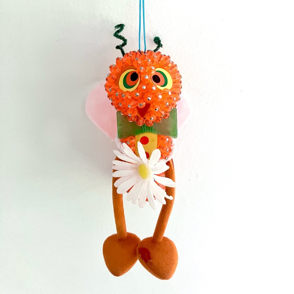 Vintage 60’s orange beaded mod grasshopper bug figure ornament decor